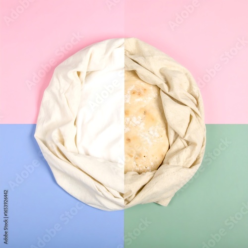 Bread in a linen cloth on a pastel background
