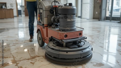 Floor maintenance cleaning service with professional machine cleaning marble floors at the hall