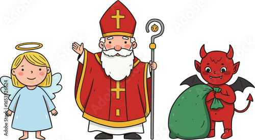 Saint Nicholas with angel and devil cartoon illustration, Christmas tradition character, kids festive drawing, holiday celebration, Sinterklaas Krampus art, joyful winter folklore concept
