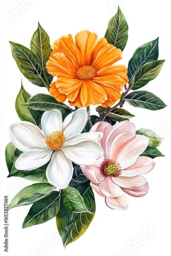 Vibrant Floral Bouquet Painting: Magnolia, Camellia, and Marigold Watercolor Art