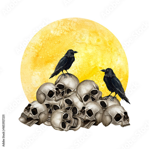 Pile of skulls with black ravens against backdrop of yellow full moon. Watercolor illustration art isolated from background. Hand drawn Gothic style for Halloween, Day of the Dead, esoteric concept