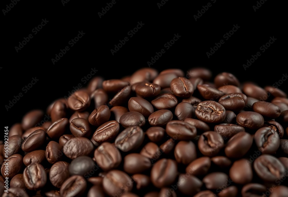Fototapeta premium Close-up of dark roasted coffee beans against a black background Plenty of copy space, gourmet, coffee industry