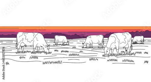 Monochrome Illustration of White Cows Grazing in Field at Sunset with Purple and Orange Sky