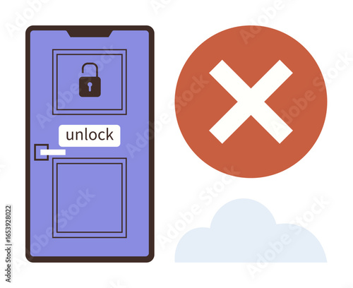 Locked purple door with unlock text and padlock symbol, red X error sign, soft cloud beneath. Ideal for security, access control, failure, error handling, digital restrictions, warning simple flat