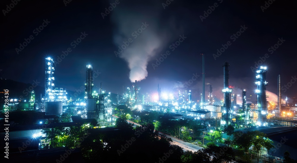 Fototapeta premium Illuminated industrial complex at night