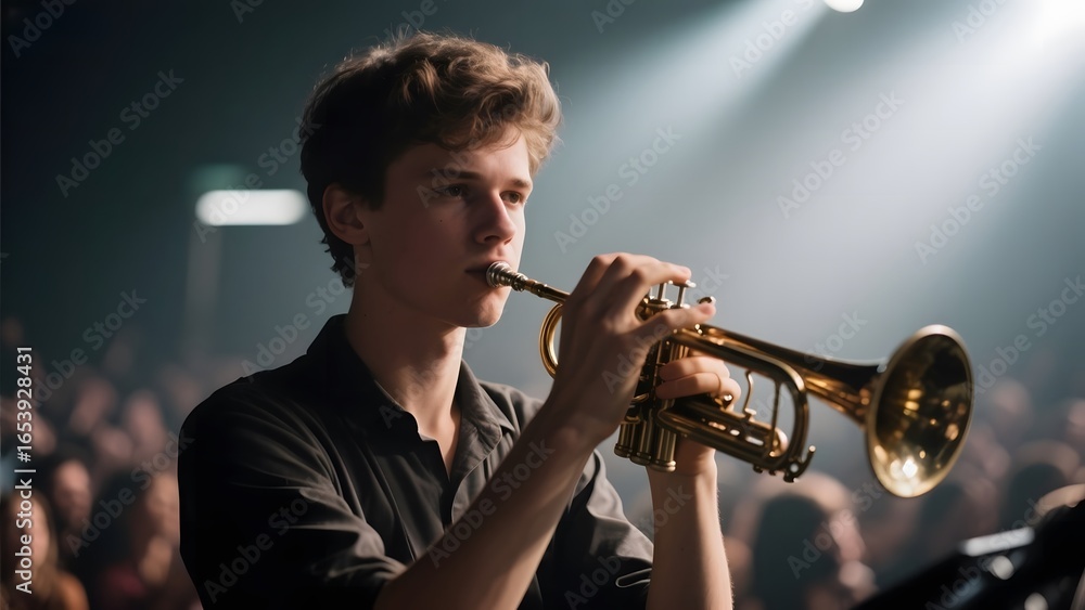 Obraz premium A musician passionately playing a trumpet on stage under bright lights.