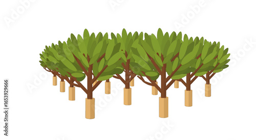 Group of Pixel Art Trees in Neat Rows Forest Landscape Pixelated Nature Isolated Grove Green and Brown Colors