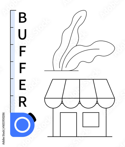 Vertical buffer gauge tracking capacity, shop building with a striped awning, decorative leaves. Ideal for business management, retail concept, growth strategies, planning, organization, efficiency