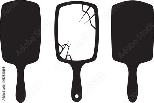 Three handheld mirrors one cracked silhouette