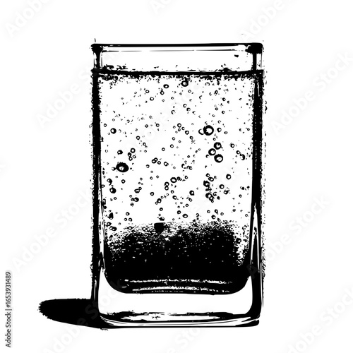 Glass of sparkling water drink beverage with bubbles in black and white vector illustration design