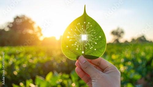 Human Hand Gently Holding a Green Leaf with Digital Circuit Board Pattern Glowing in Bright Sunset over a Green Landscape