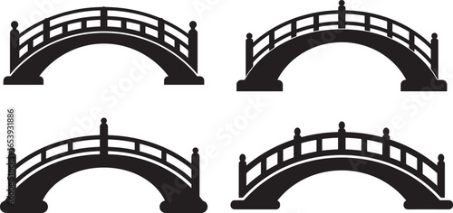 Collection of four arched wooden bridges in silhouette