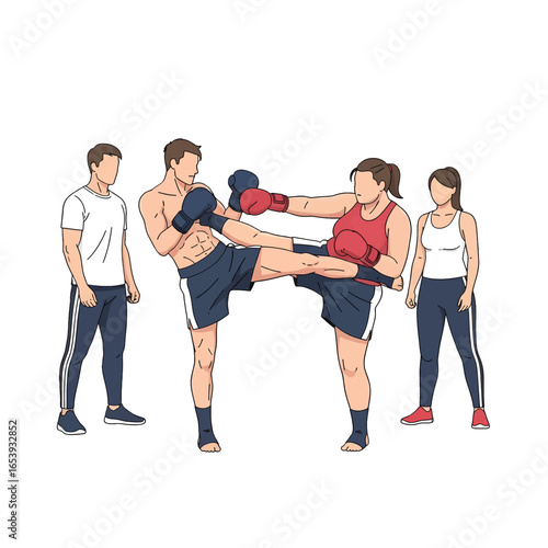 Pixelated Illustration Of Kickboxers In Action Against White Background With Two Spectators Observing In Casual Attire