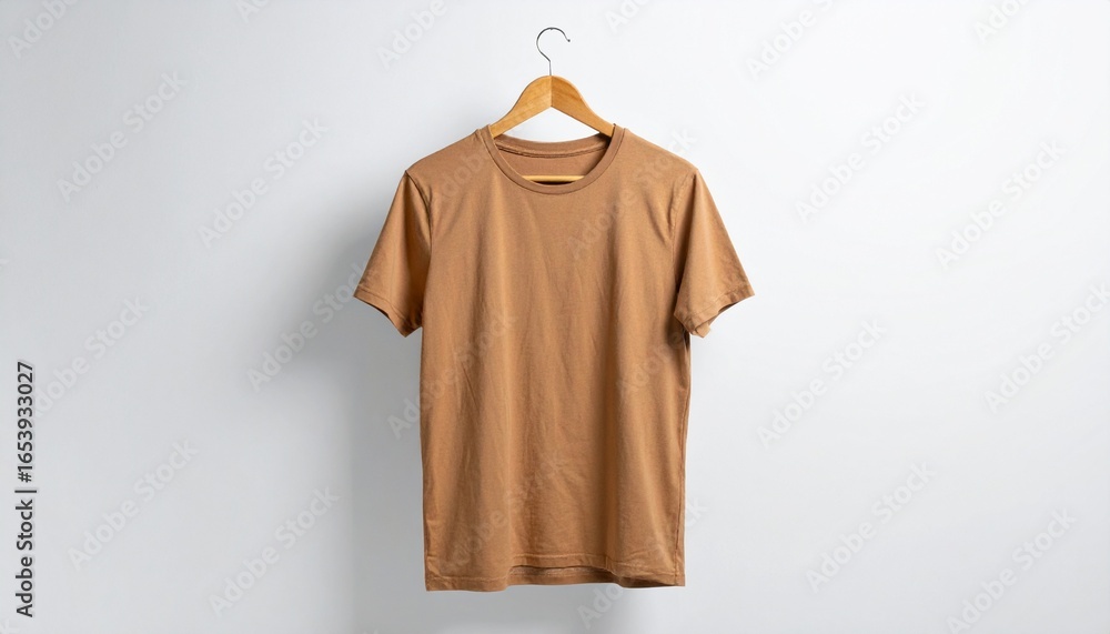 Brown Crew Neck T-Shirt Hanging on Wooden Hanger Against a White Background Brown Crew Neck T-Shirt Hanging on Wooden Hanger Against a White Background