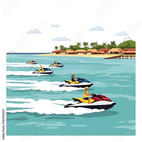 Group of Jetskis Racing Across Turquoise Water on a Sunny Day Near a Tropical Island Coastline