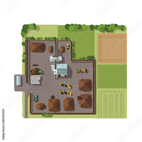 Top Down View of a Composting Plant with Piles of Dirt Trees and Heavy Machinery in Rural Setting on a Bright Sunny Day in Flat Vector Illustration
