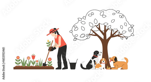 Pixel Art of Woman Gardening with Dogs near Tree with Flowers in a Whimsical Scene Featuring a Relaxing Outdoor Hobby