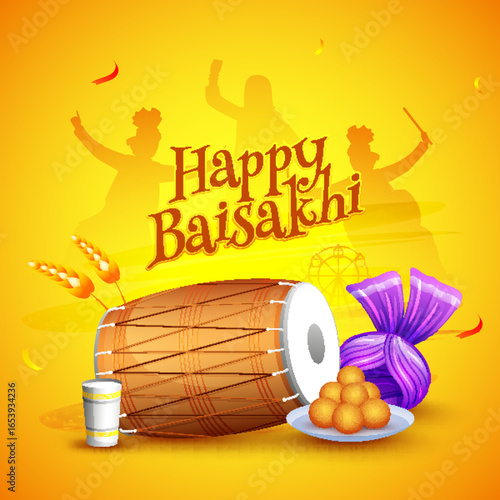 Illustration of Dhol with Turban, Wheat Ear, Indian Sweet (Laddu), Glass of Lassi and Silhouette Punjabi People Dancing on Yellow Background for Happy Baisakhi Celebration.