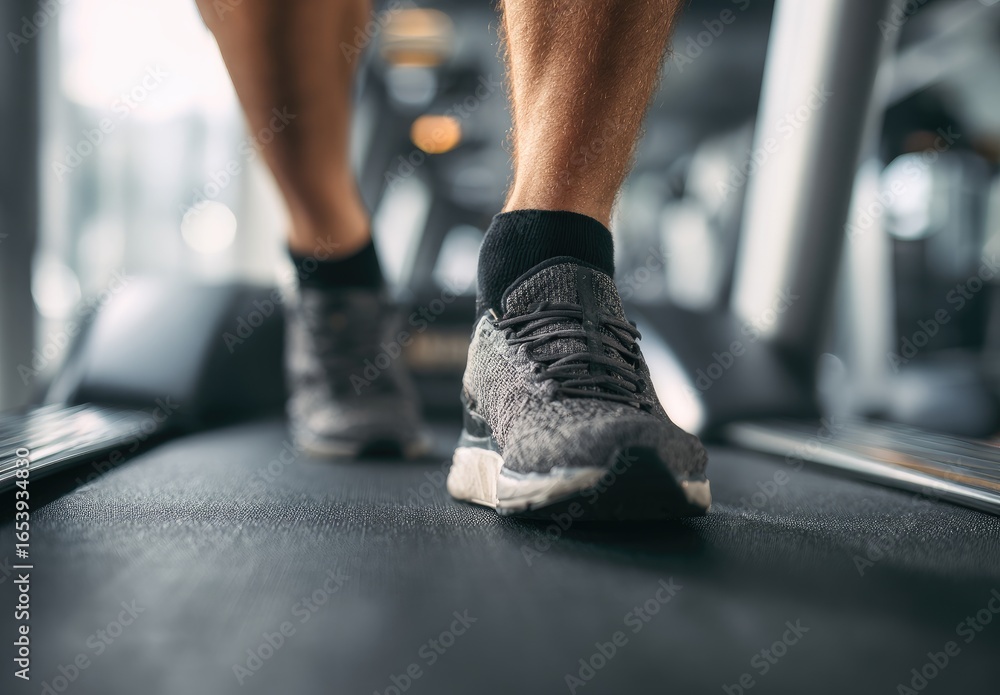 Fototapeta premium Close-up of running shoes on a treadmill