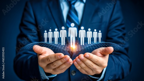 Businessman holding glowing human icons representing leadership and team management

