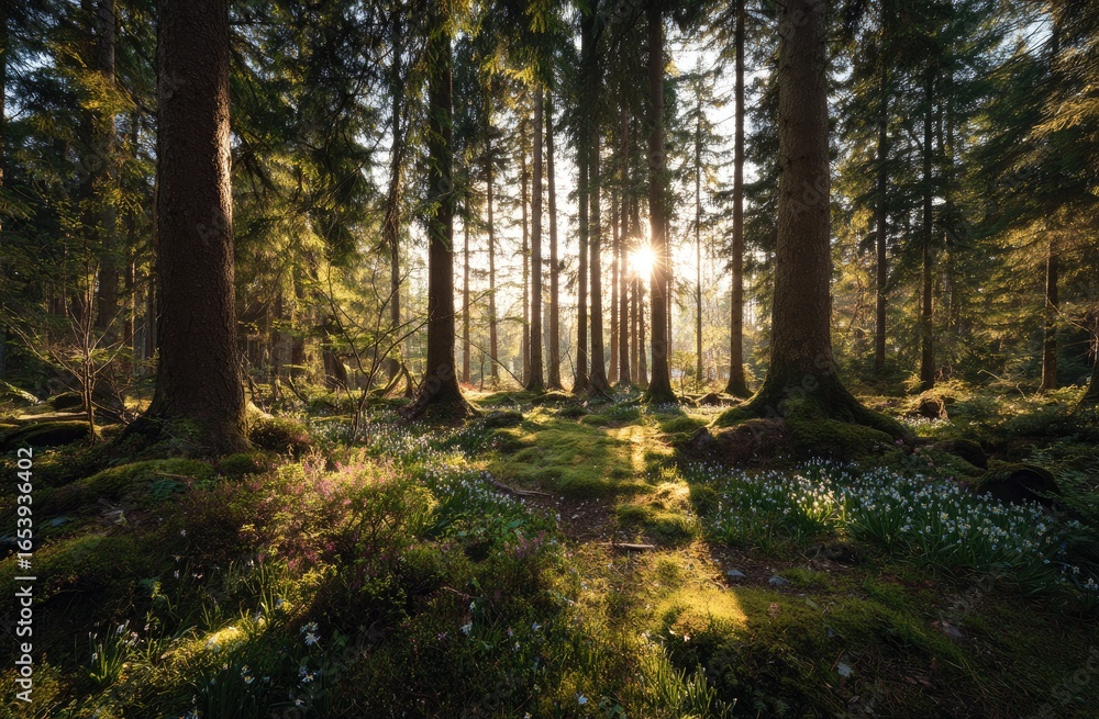 Fototapeta premium Sunlight filters through a dense forest, illuminating wildflowers
