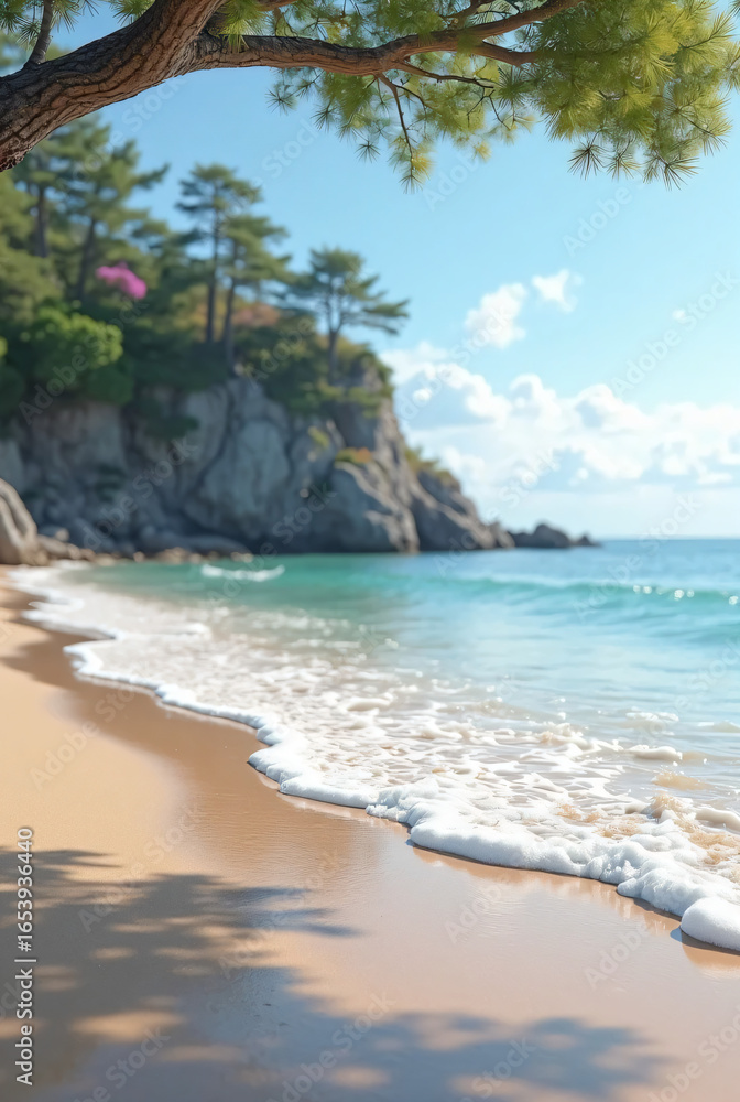 Fototapeta premium A serene turquoise bay on a tropical island with palm trees and a sandy coastline