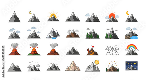 A versatile collection of mountain and nature icons, featuring various peaks, volcanoes, weather, and day-night cycles.