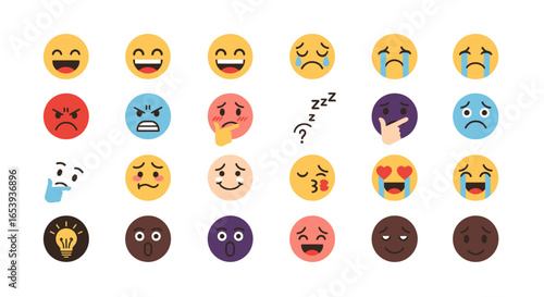 Colorful flat design emoticon collection. A diverse set of vector icons representing a wide range of facial expressions and human emotions.