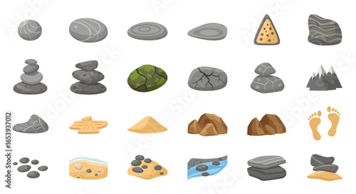 Collection of illustrated rock and stone icons. A flat vector graphic set including various pebbles, mountains, sand, and cairn elements.