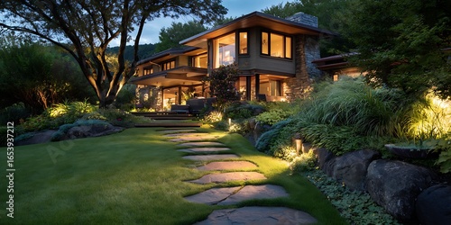 Fototapeta Naklejka Na Ścianę i Meble -  Evening view of a modern house with a stone path and lush green garden with landscape lighting.