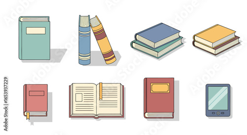 Collection of stylized book illustrations depicting different book types, designs, and an ebook reader