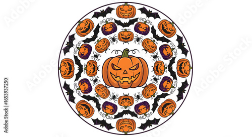 Halloween Mandala with Pumpkin and Bats, Festive Circular Design for Spooky Celebrations