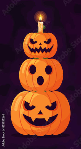 Festive Halloween Pumpkin Stack Spooky Jack-o'-Lantern Tower with Candlelight