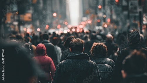 Crowded city street. People walking in throngs