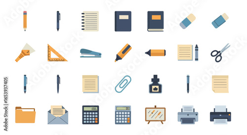 A colorful flat design icon set collection of essential office supplies and school stationery items isolated on a white background.