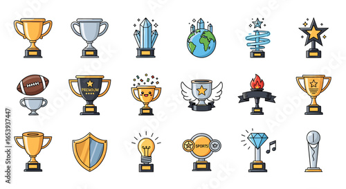 Set of flat line design trophy and award icons. A collection of symbols for victory, success, and championship recognition.