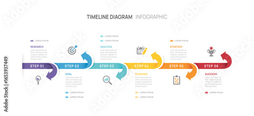 Business infographic 6 steps to success. Annual report, Business Timeline arrow presentation template. Vector illustration.