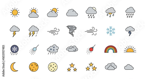 Weather forecast icon collection. Colorful flat design symbols representing various meteorological conditions like sun, rain, storm, and snow.