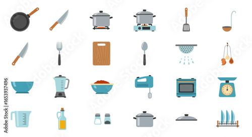 Set of kitchenware and cooking equipment icons in a flat style, featuring utensils, appliances, and cookware for culinary concepts.