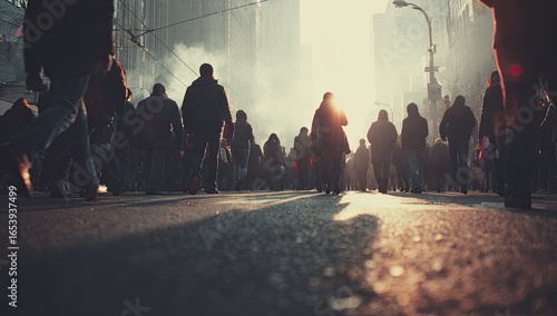 Crowded city street at sunrise