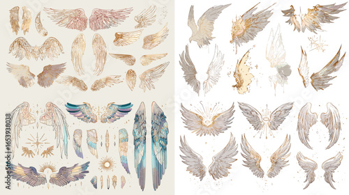 Elegant watercolor angel wings with golden tones and celestial accents. Perfect for mystical art, spiritual posters, and divine illustrations.