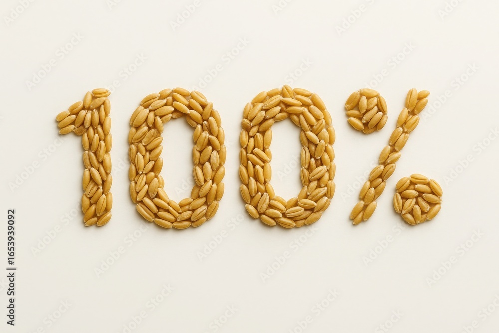 Obraz premium Wheat grains forming 100 percent symbol on white background with realistic golden texture natural organic food concept clean composition with space for text for business and advertising