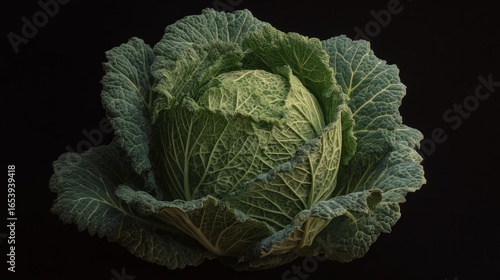 Close-up of a Savory Savoy Cabbage on a Dark Backdrop Illustrative