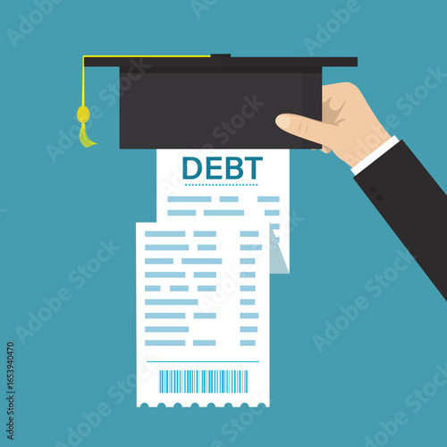 Cost of graduation or expensive education or scholarship loan, bill paper document and cap or hat. Education or college budget idea, university tuition fees.