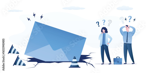 Failed advertising campaign. Advertising mailing failed, email is in hole. Unhappy businessmen made mistake. Negative feedback. Promotion failed, no results in business