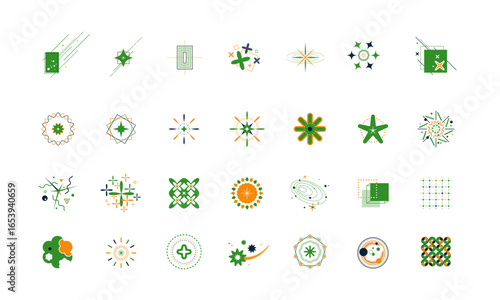スパークルスター アイコンセット – 緑・輝き・きらめき・光・装飾素材  Sparkle Star Icon Set – Shiny, Glow, Light Burst, Twinkle, Decorative Vector Collection

