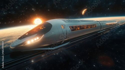 High-speed train soaring through space with Earth rising against a stunning cosmic backdrop