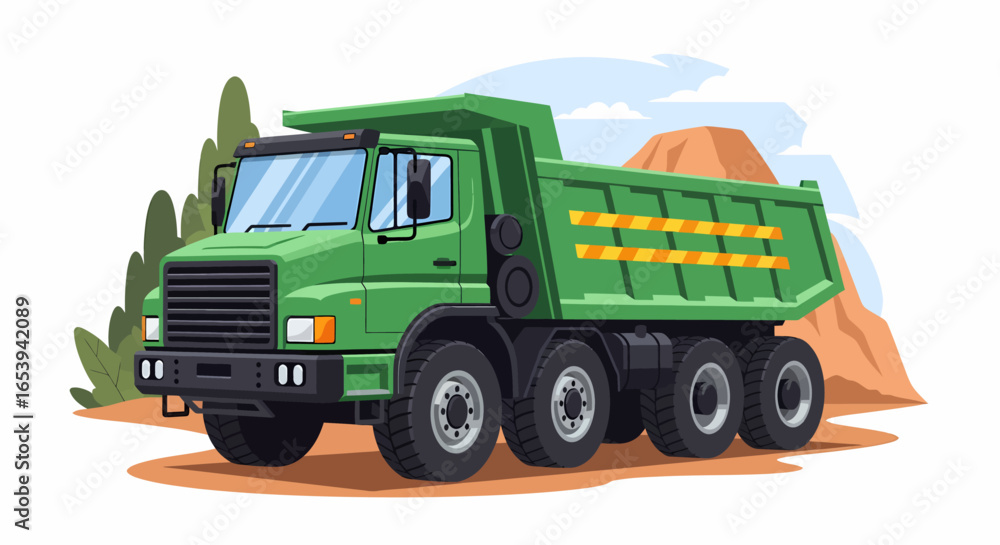 Obraz premium A digitally rendered green dump truck is parked near a small hill and trees.