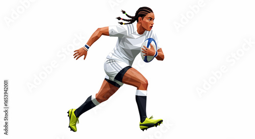 A female rugby player powerfully runs with the ball, showcasing athleticism and determination.