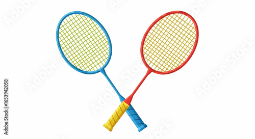 Two crossed badminton rackets, one blue and one red, with yellow grips, isolated on a white background, ready for play.